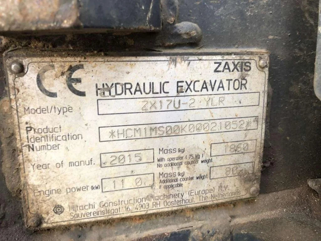 Mini-pelle HITACHI ZX17U-2 YLR – 1,8 T + 3 Godets – Garantie 12 mois